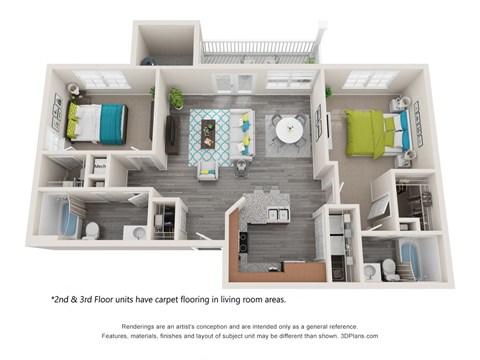 a 3d floor units has been carpeted in living room areas